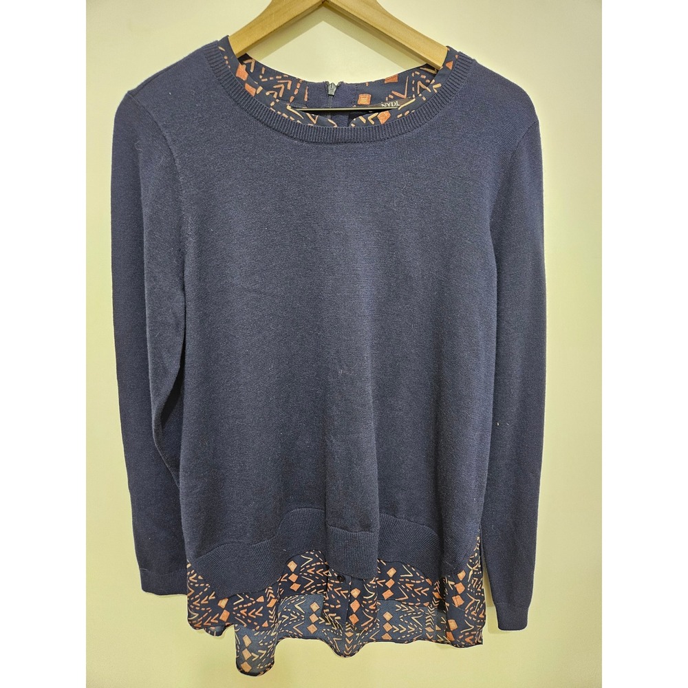 NYDJ Womens Navy Blue‎ Mixed Media Layered Sweater Geometric Print Size L